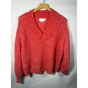 Anthropologie Textured Chunky Knit‎ V Neck Sweater Coral Orange Women's 1X